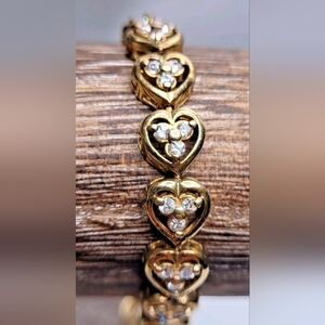 💖✨ Vintage Triple CZ Heart Bracelet - 925 Sterling Silver with Gold Tone ✨💖